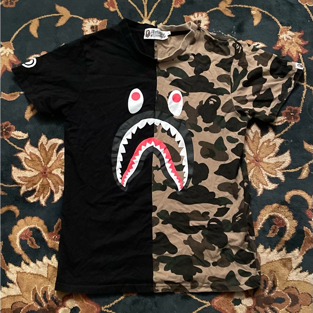 🦍 BAPE HALF CAMO SHARK GRAPHIC SHORT SLEEVE YOUTH T-SHIRT - YOUTH SIZE LARGE 🦍